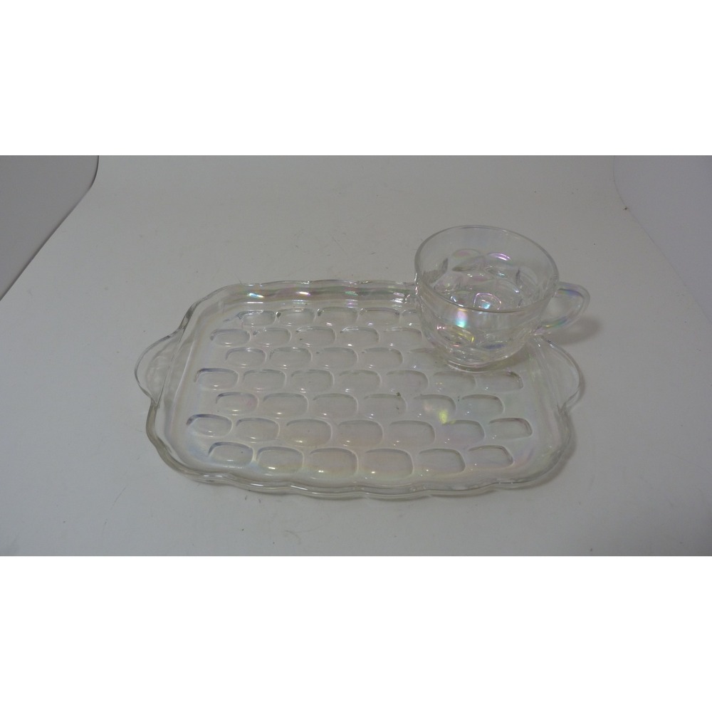 Federal Glass Iridescent Carnival Glass Snack Set Thumbprint Tray and Cup